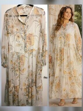H&M Floral Chiffon Tiered Maxi Dress  Oversized Boho Cottagecore Women's Size 10